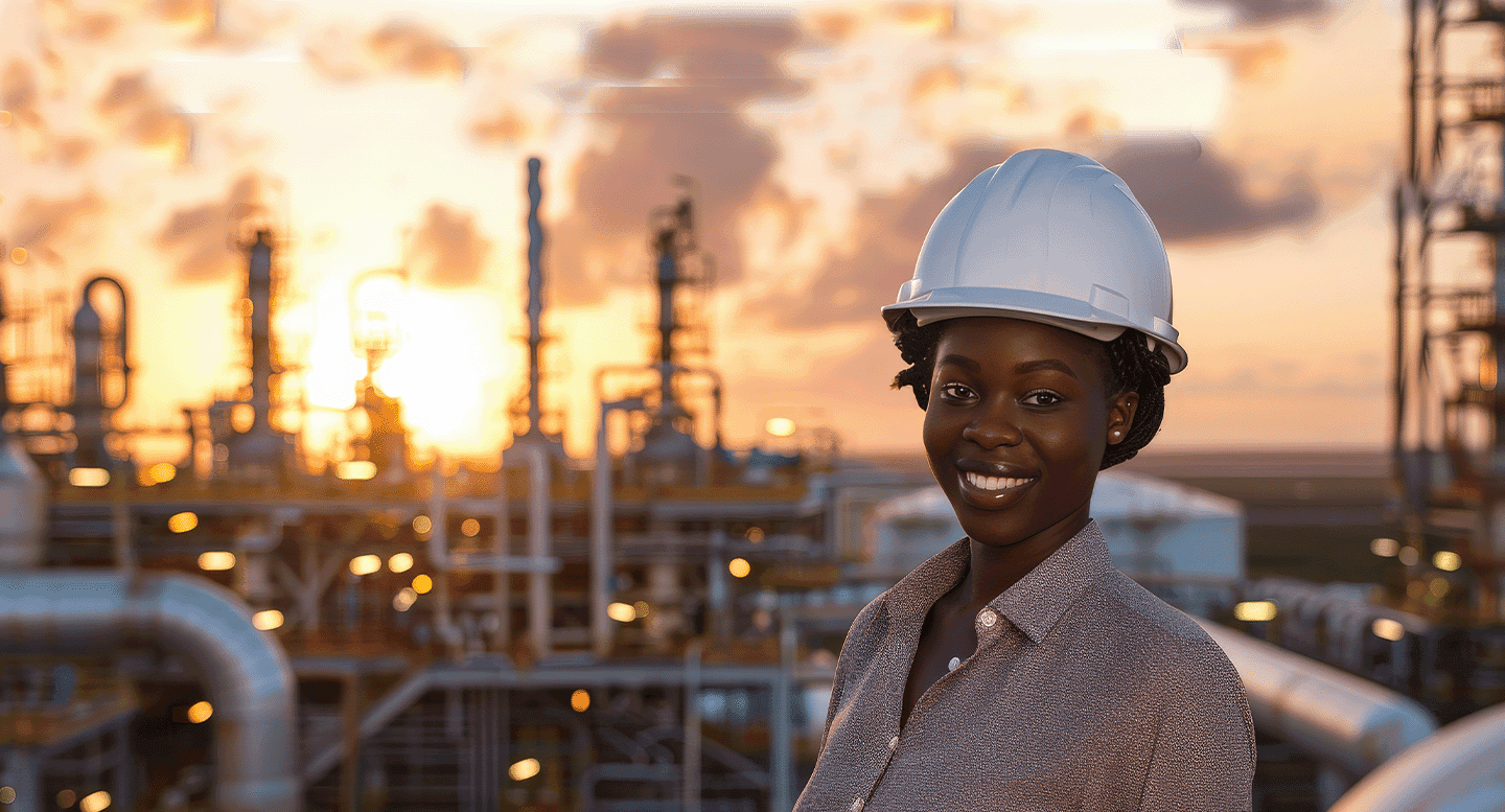 woman in helmet in front of a refinery