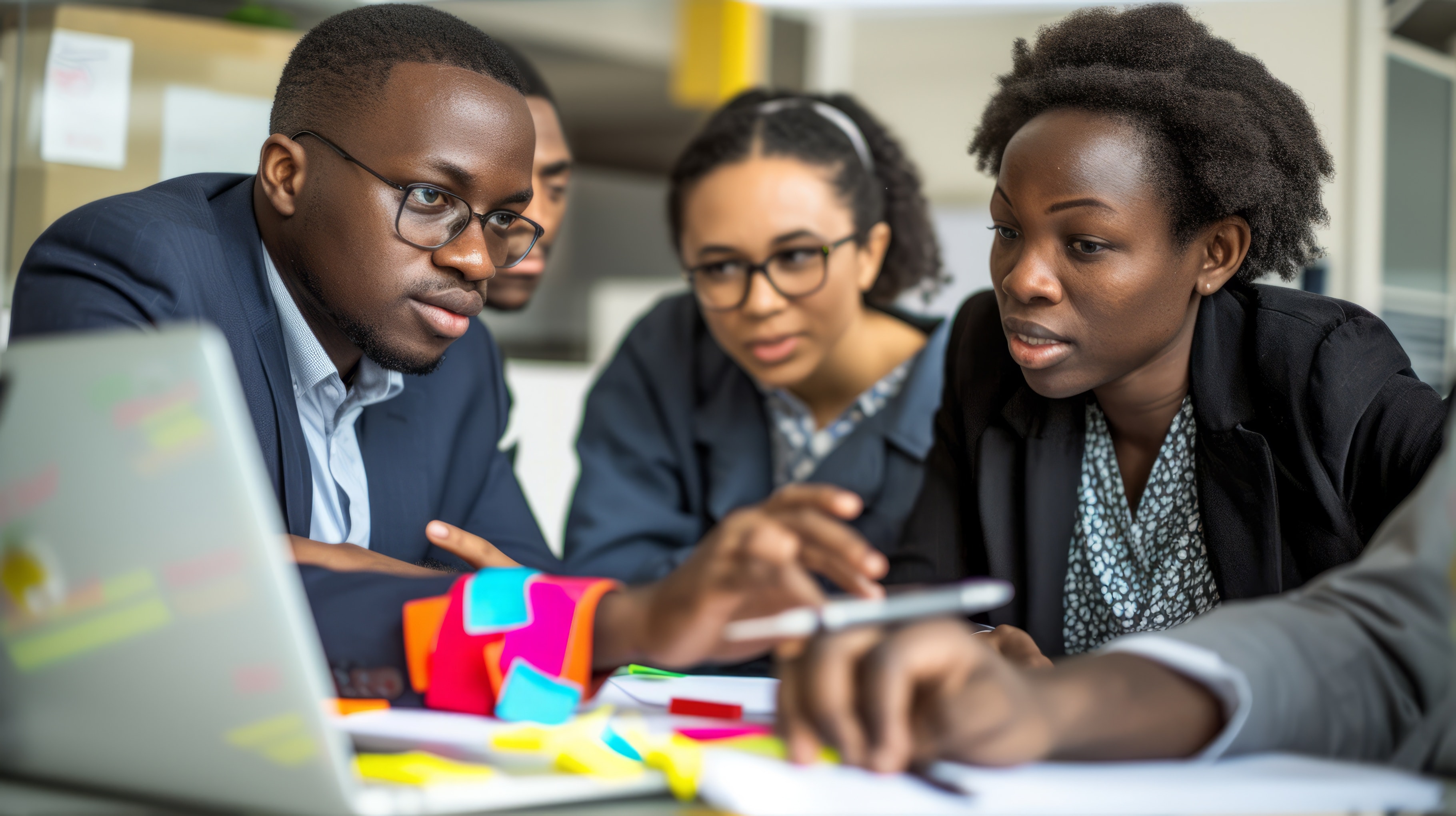 2 black women, one black guy in glasses
